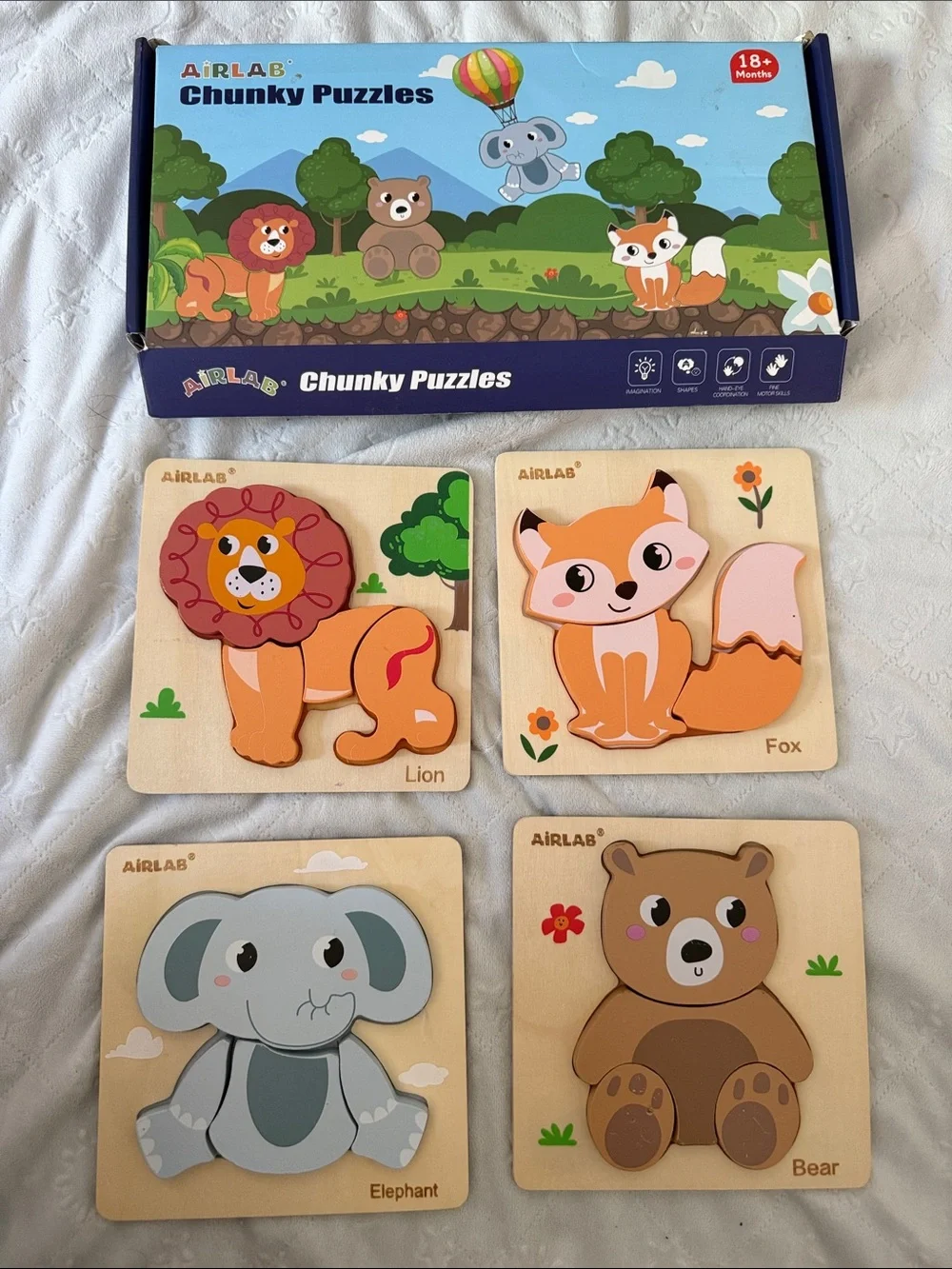 Chunky Animal Puzzles for Kids - Orange Fox, Lion, Gray Elephant & Brown Bear